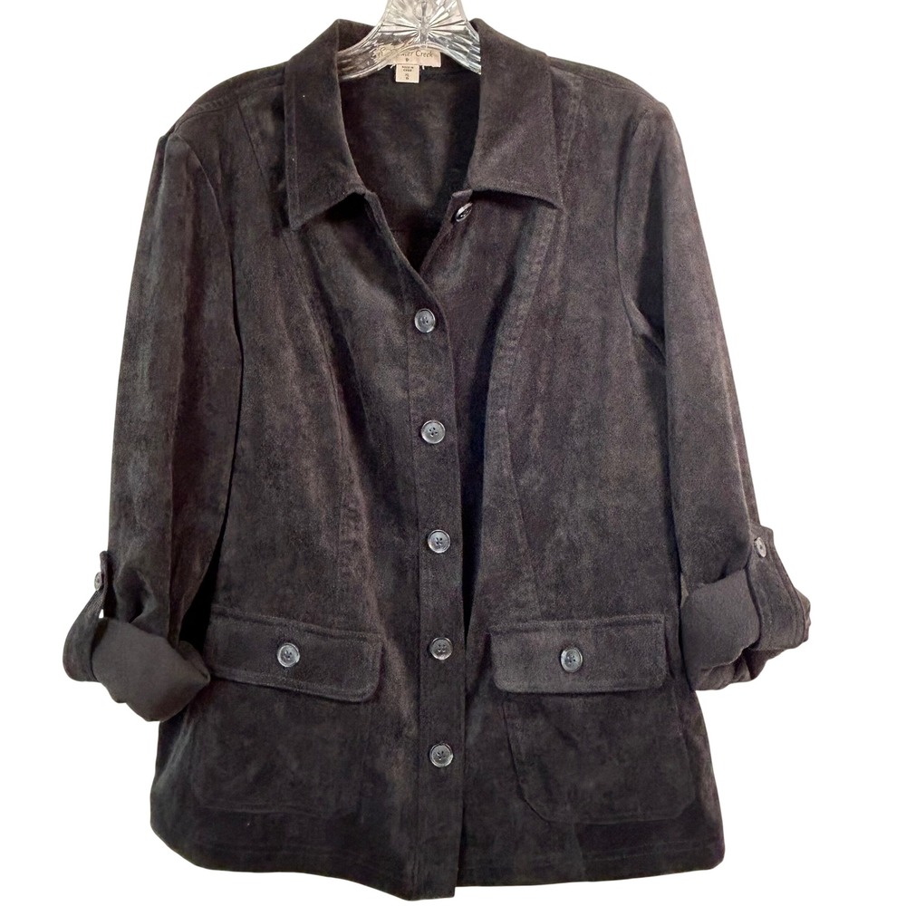 Coldwater Creek Black Faux Suede Button Front Jacket XL 16 Roll Tab Sleeve‎